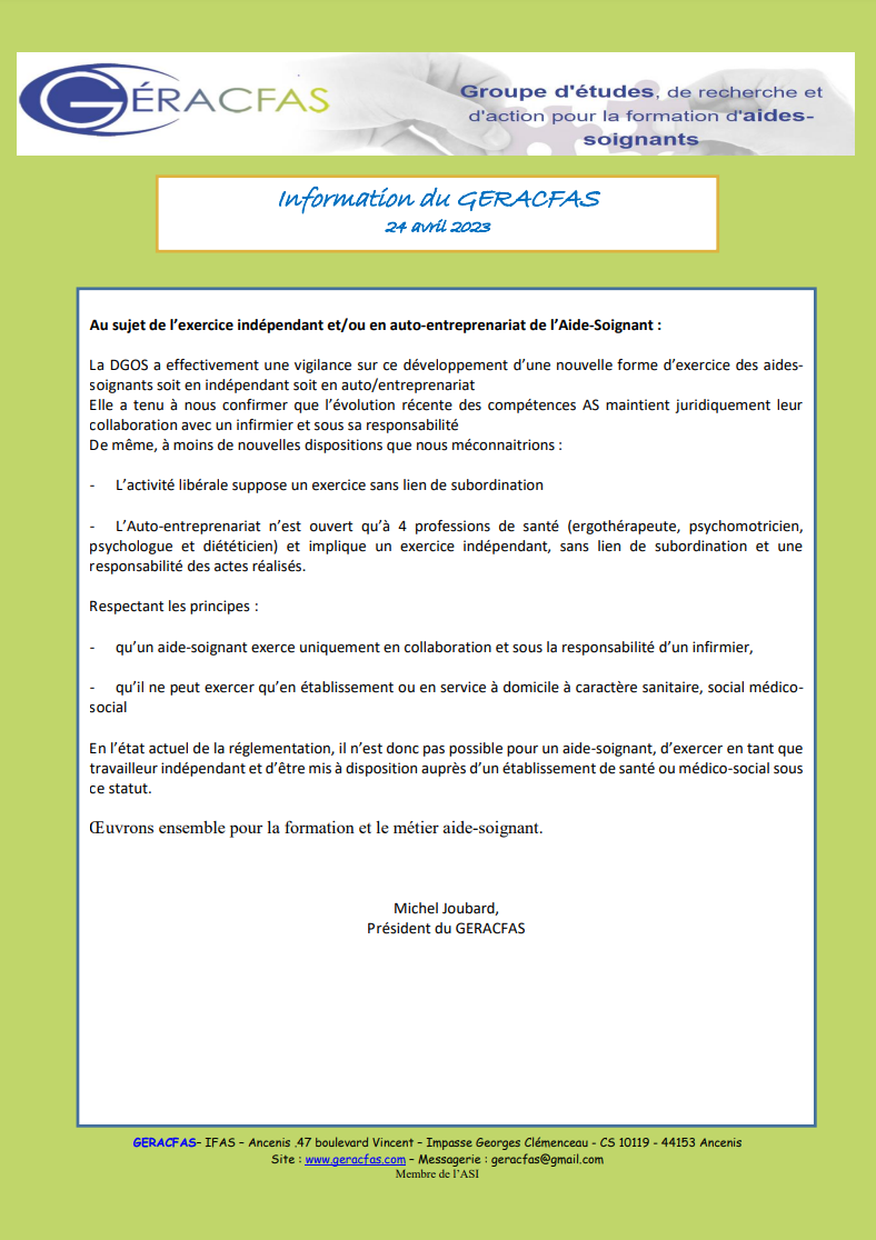 Information du GERACFAS 24 avril 2023